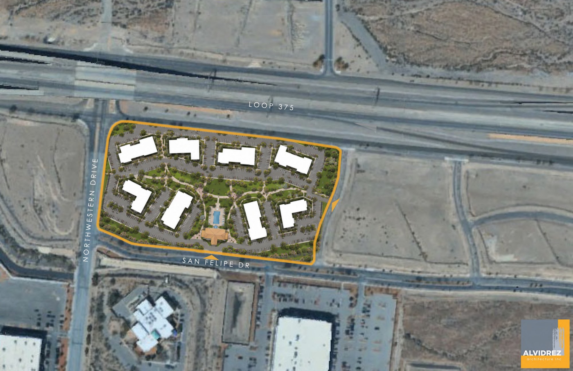 Aerial photograph of the site at Northwestern Drive and San Felipe Drive with the parcel outlined and the proposed site plan overlaid