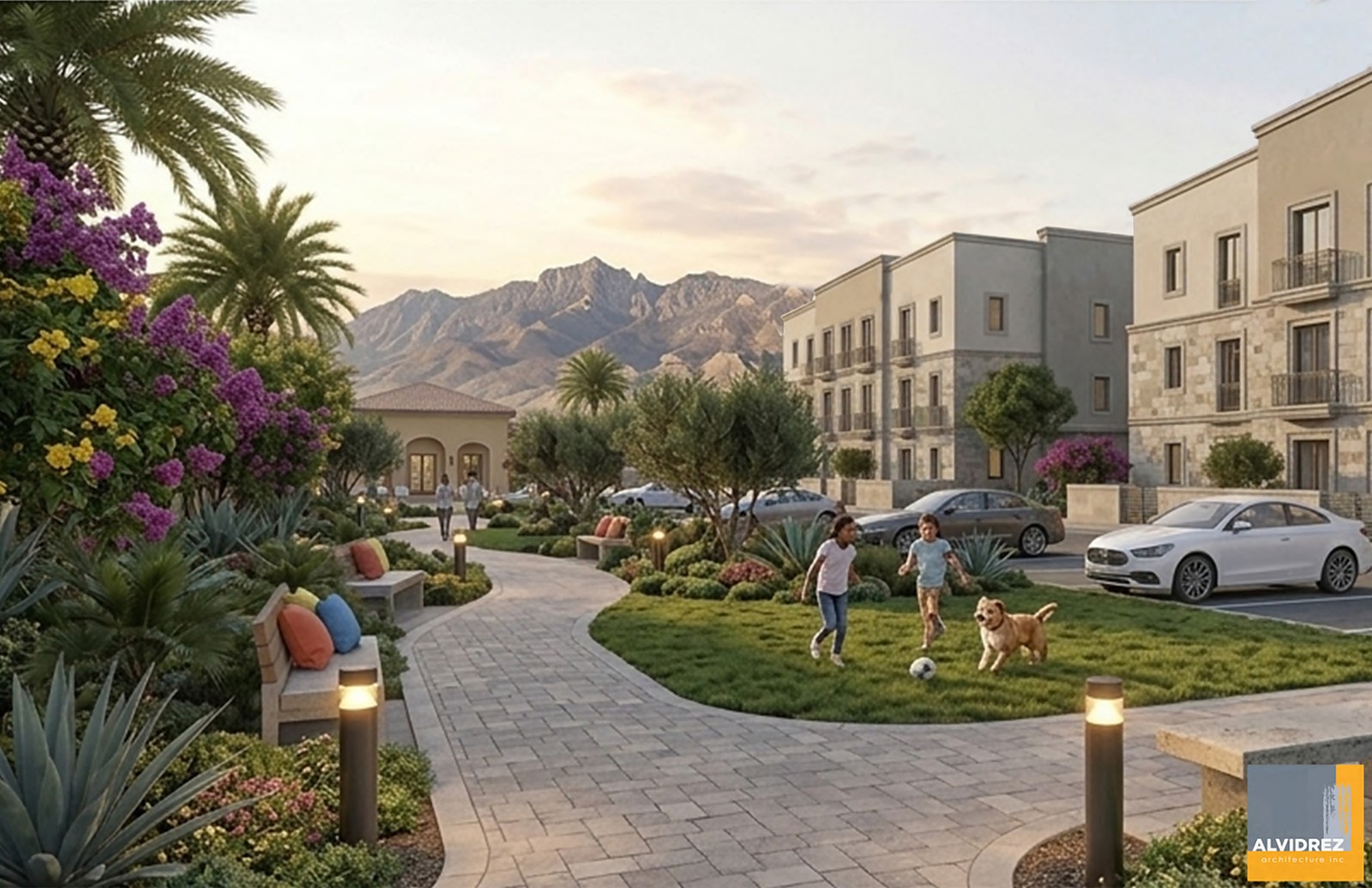 Rendering of stone arcades, warm stucco facades and terracotta roof tile against the Franklin Mountains