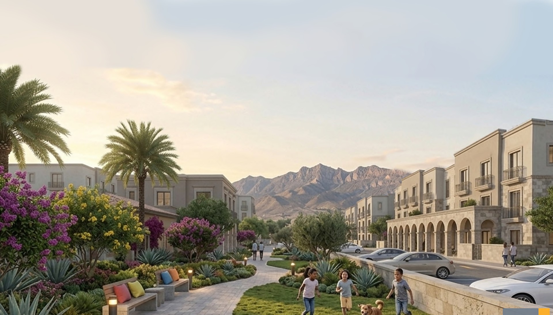 Evening view along a landscaped paseo at San Felipe at Cimarron, with stone arcades and the Franklin Mountains beyond